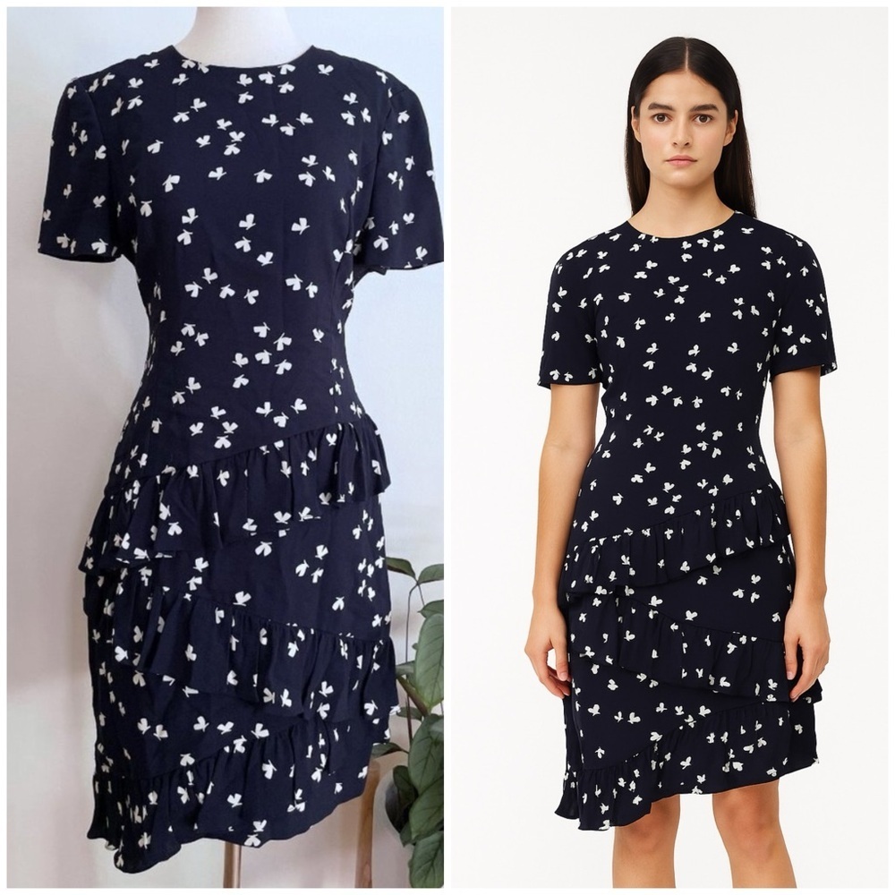 EUC Carolina Herrera Silk Butterfly Butterflies Navy Blue Tiered Vintage Dress 8